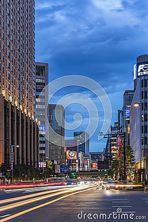 Night view of the Harumi street leading to Ginza district near t Editorial Stock Photo